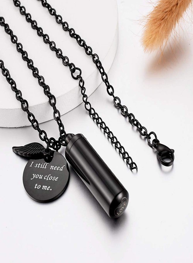 abooxiu Cylinder Urn Necklace for Ashes Cremation Jewelry/Keychain for human Pet Stainless Steel Memorial Keepsake Pendant with Angel Wing Charm Ashes Jewelry-Black M - Image 2